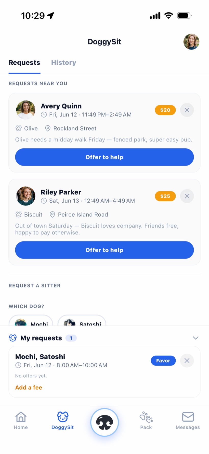 The Boopsy DoggySit tab showing nearby sitting requests from people you've met, with favor and paid options, plus your own request