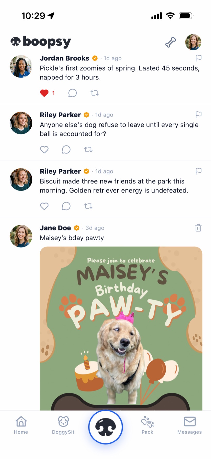 The Boopsy feed showing posts from nearby dog owners — park updates and a dog birthday party invitation